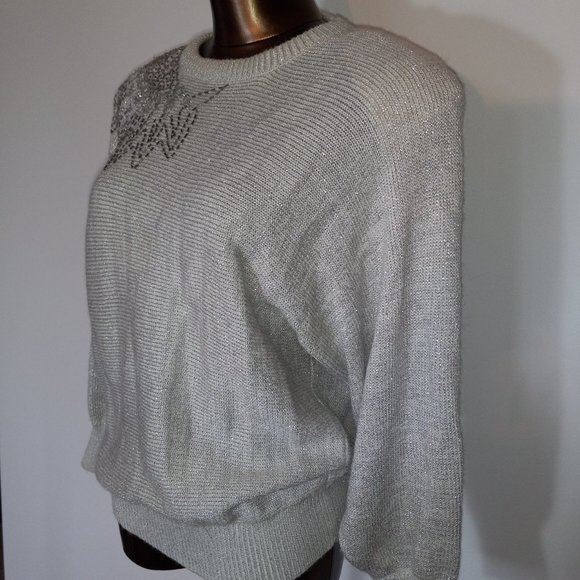crew-neck silver metalic thread acrylic sweater sequin and beaded vintage 1980s - Picture 12 of 16